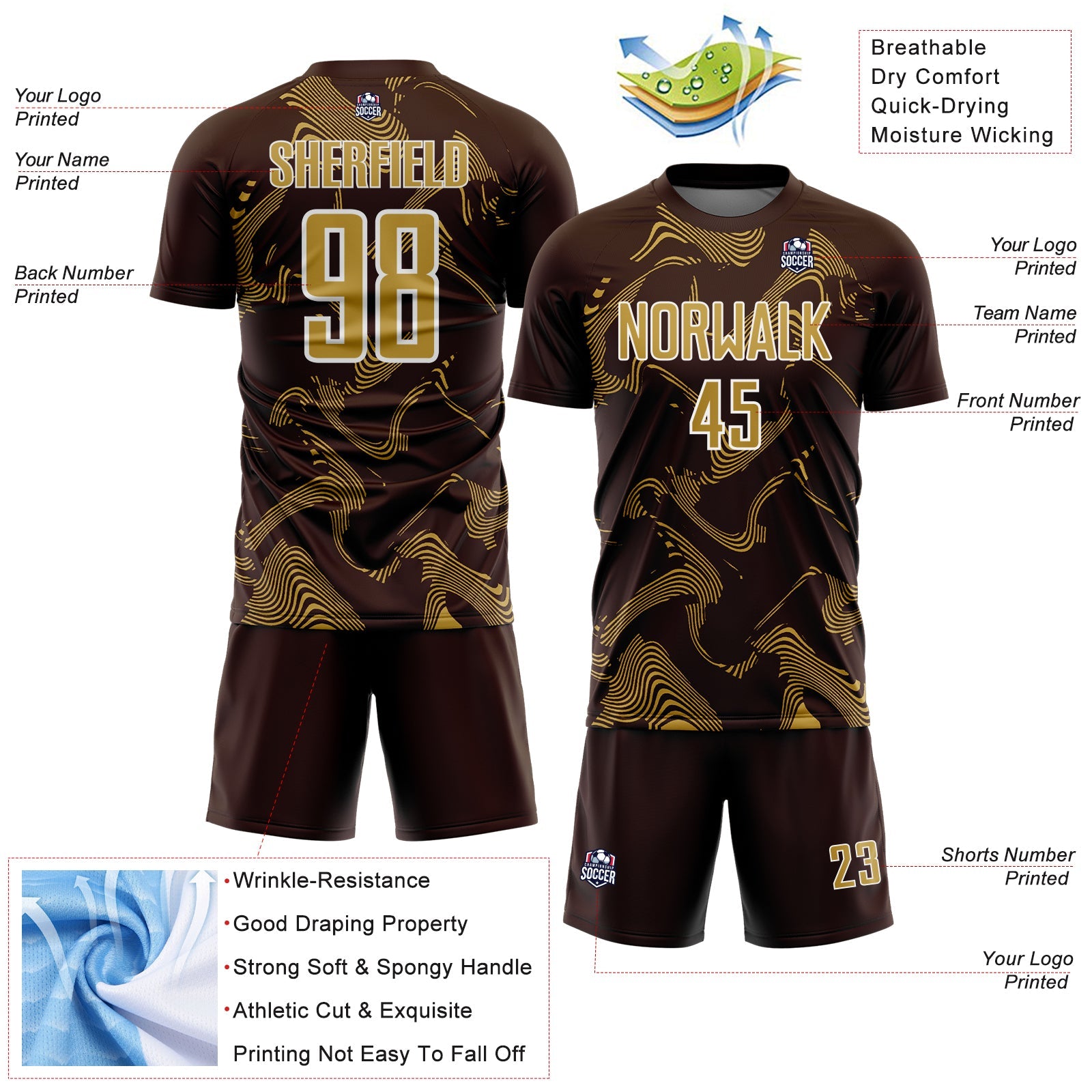 Custom Brown Old Gold-White Curve Lines Sports Sublimation Soccer Uniform Jersey
