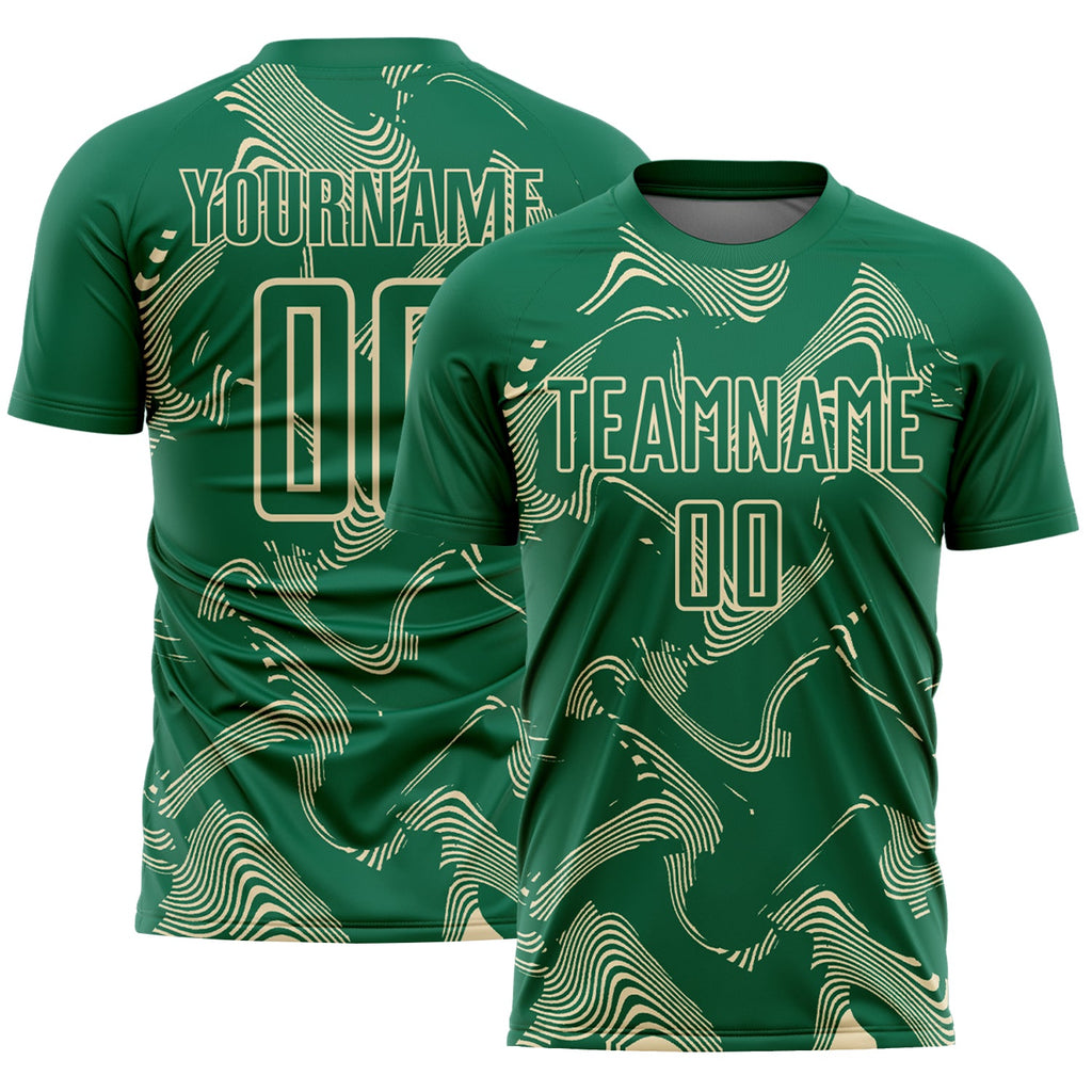 Custom Kelly Green Cream Curve Lines Sports Sublimation Soccer Uniform Jersey
