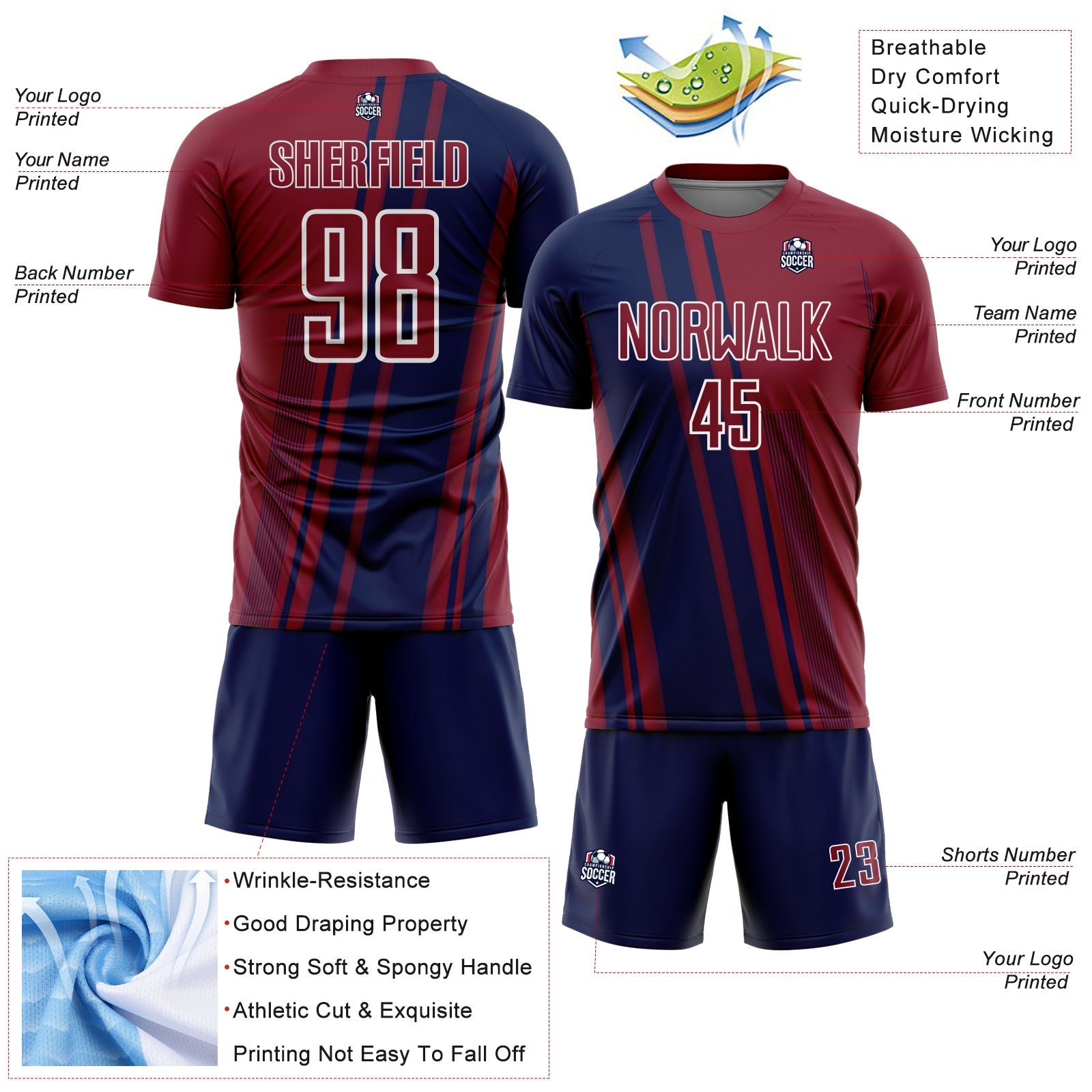 Custom Crimson Navy-White Lines Sports Sublimation Soccer Uniform Jersey