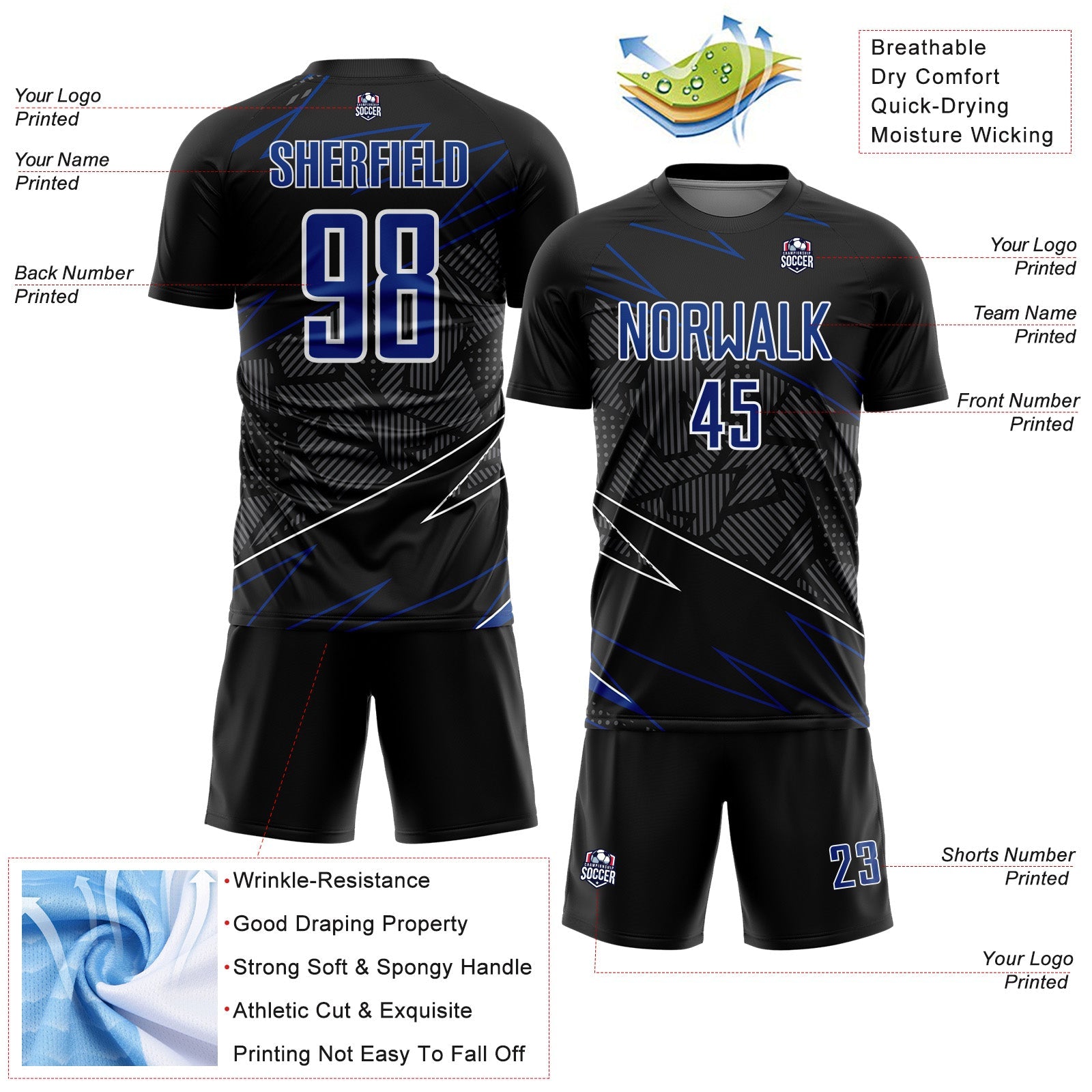 Custom Black Royal-White Lines Sports Sublimation Soccer Uniform Jersey