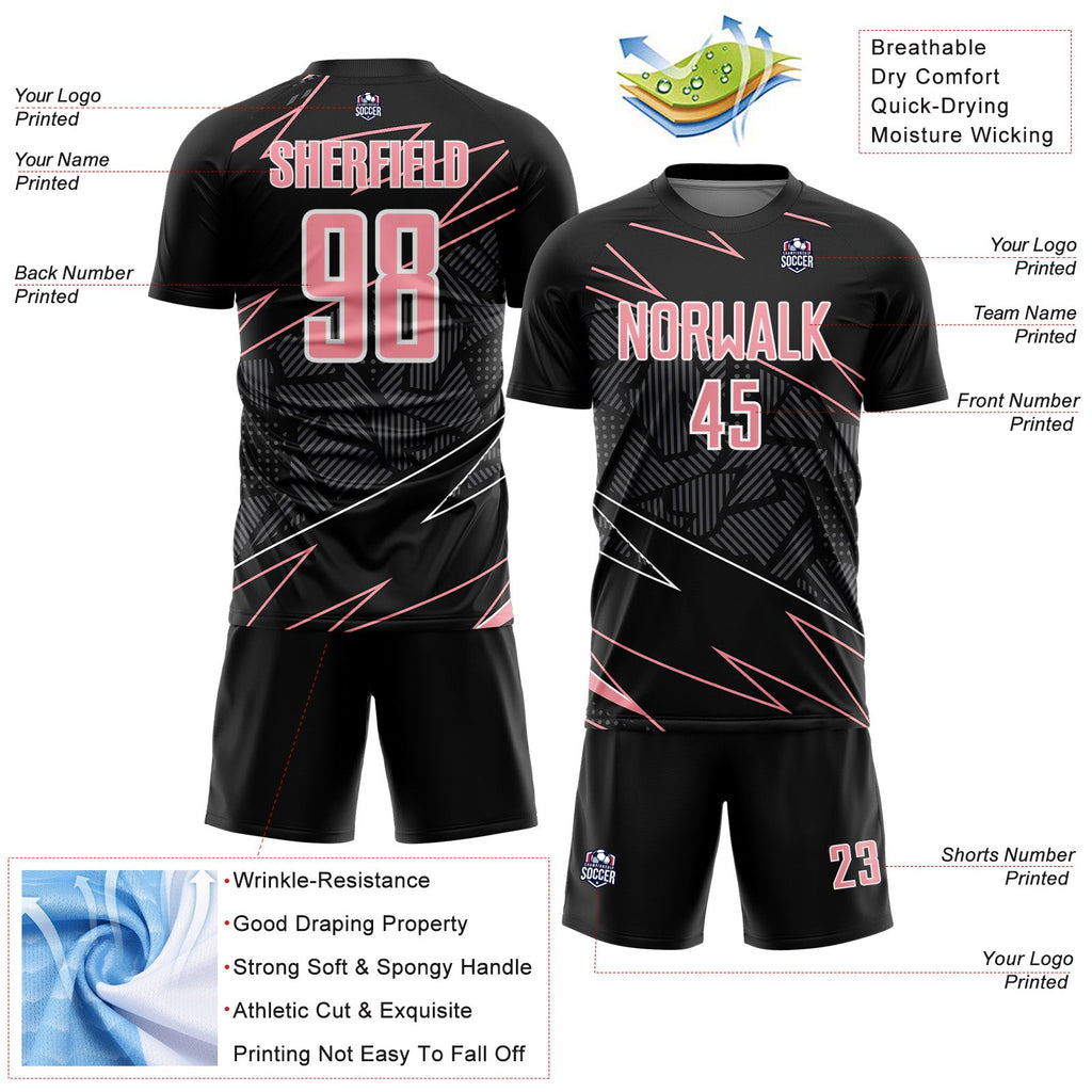 Custom Black Medium Pink-White Lines Sports Sublimation Soccer Uniform Jersey