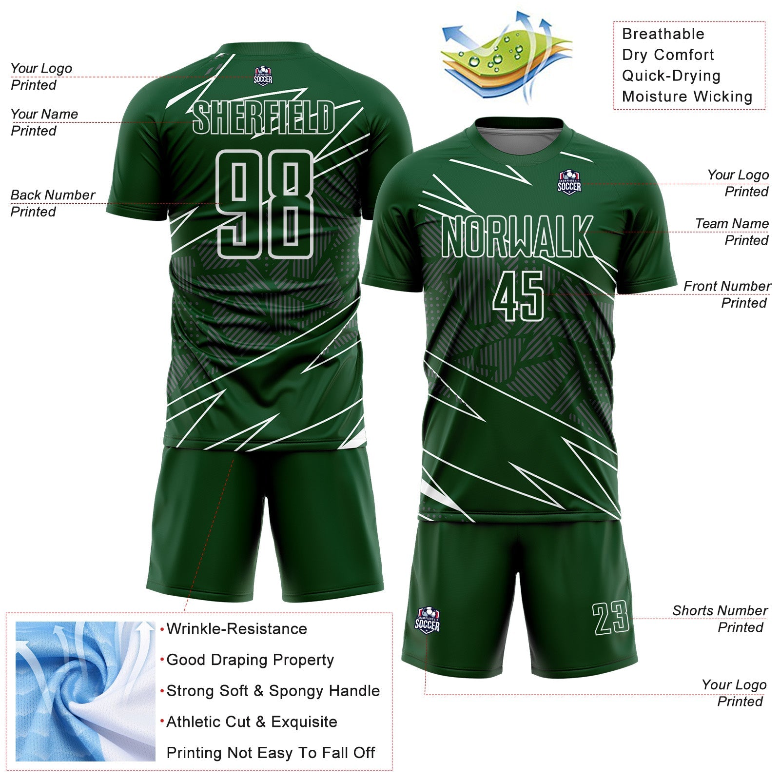 Custom Green White Lines Sports Sublimation Soccer Uniform Jersey