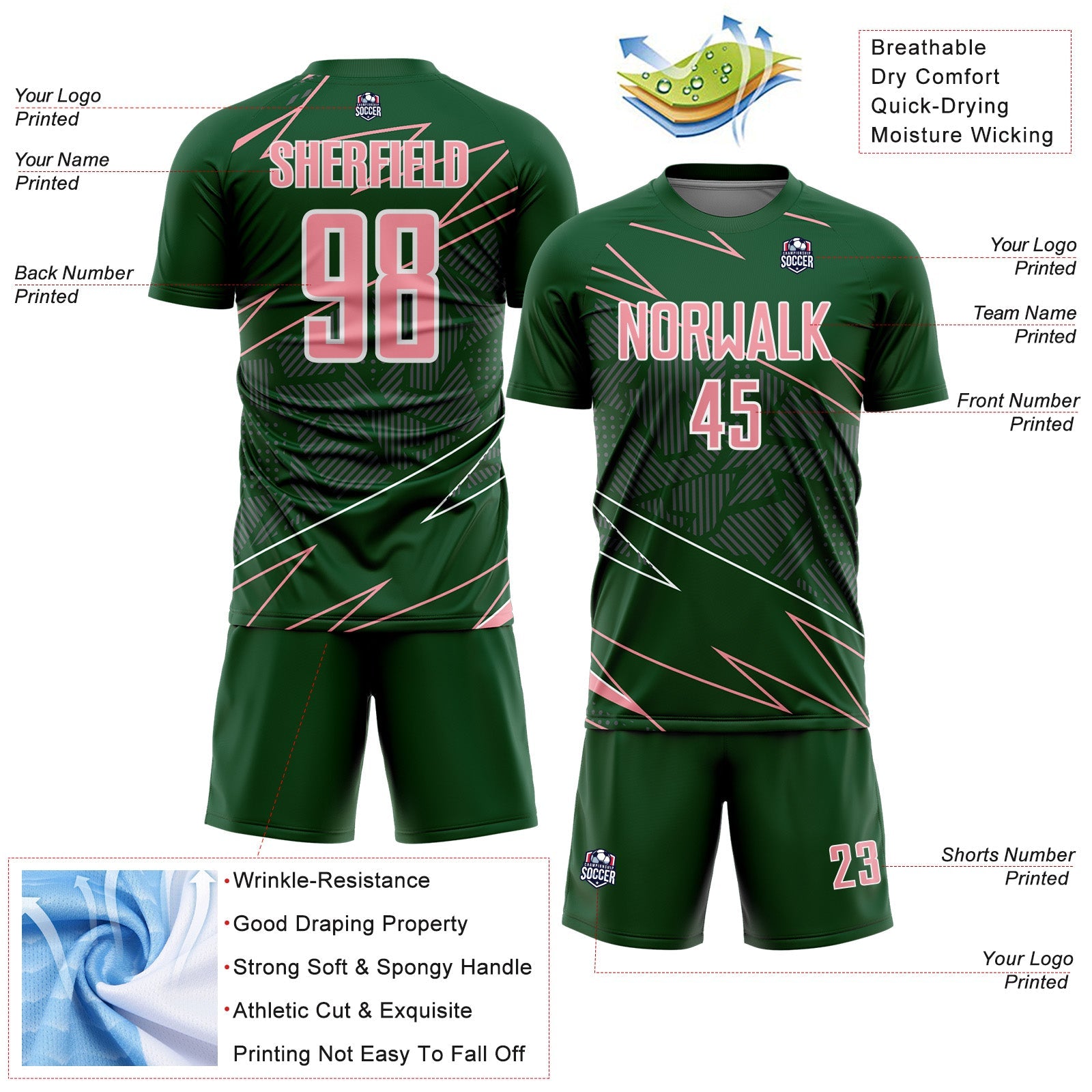 Custom Green Medium Pink-White Lines Sports Sublimation Soccer Uniform Jersey
