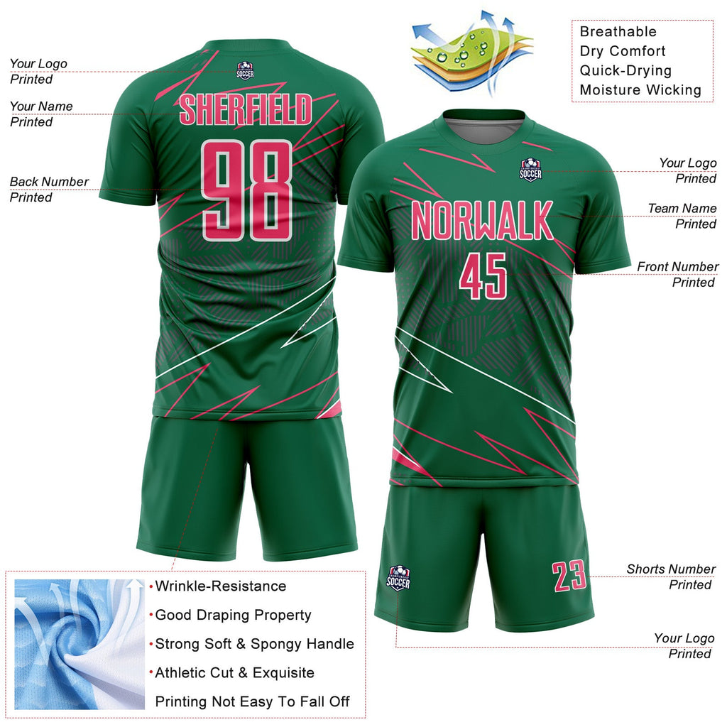 Custom Kelly Green Neon Pink-White Lines Sports Sublimation Soccer Uniform Jersey