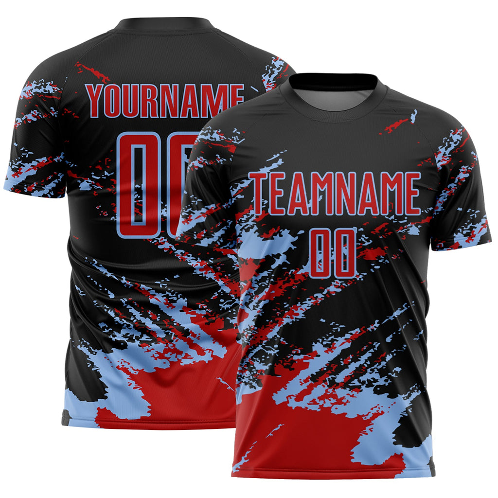 Custom Black Red-Light Blue Abstract Fragment Art Splash Sports Sublimation Soccer Uniform Jersey
