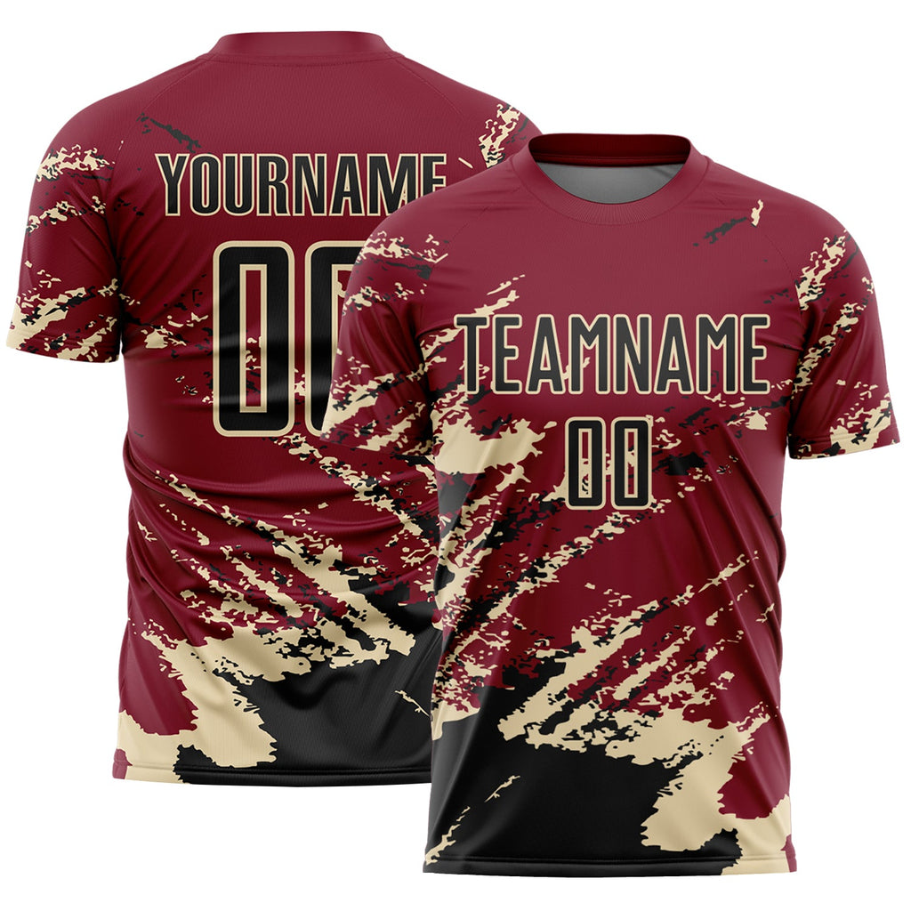 Custom Crimson Black-Cream Abstract Fragment Art Splash Sports Sublimation Soccer Uniform Jersey