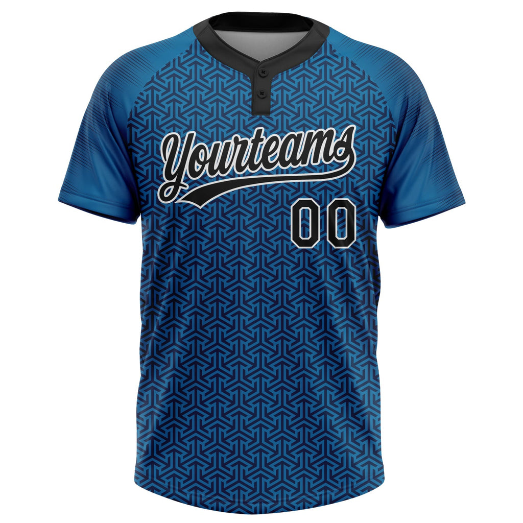 Custom Blue Black-White 3D Pattern Two-Button Unisex Softball Jersey