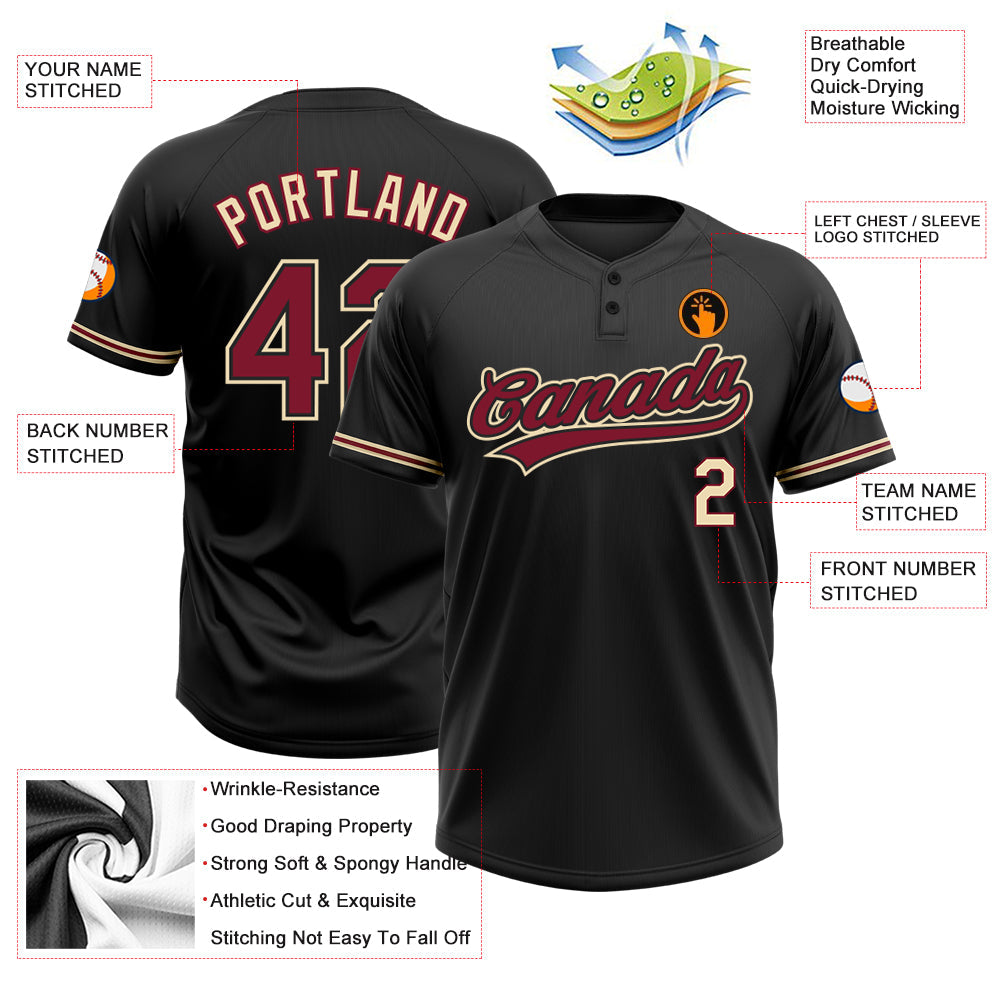 Custom Black Crimson-City Cream Two-Button Unisex Softball Jersey