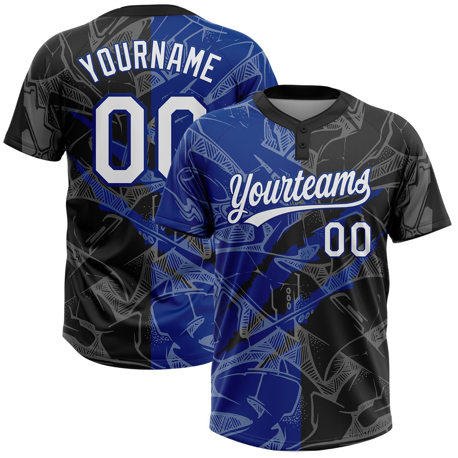 Custom Graffiti Pattern White Black-Royal 3D Scratch Two-Button Unisex Softball Jersey