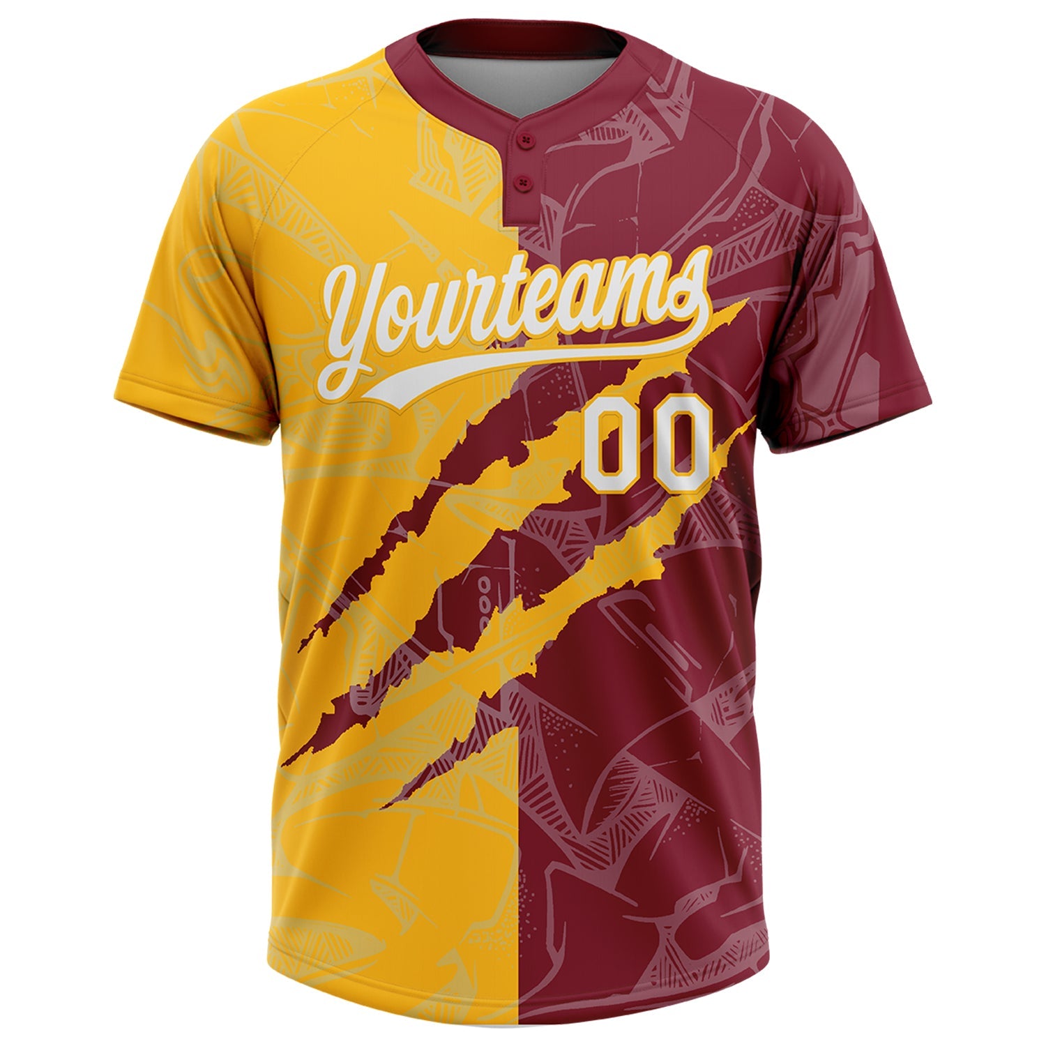 Custom Graffiti Pattern White Crimson-Gold 3D Scratch Two-Button Unisex Softball Jersey