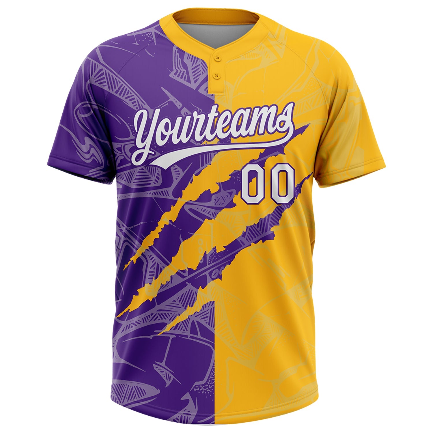 Custom Graffiti Pattern White Gold-Purple 3D Scratch Two-Button Unisex Softball Jersey
