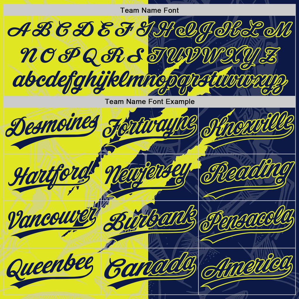 Custom Graffiti Pattern Navy-Neon Yellow 3D Scratch Two-Button Unisex Softball Jersey