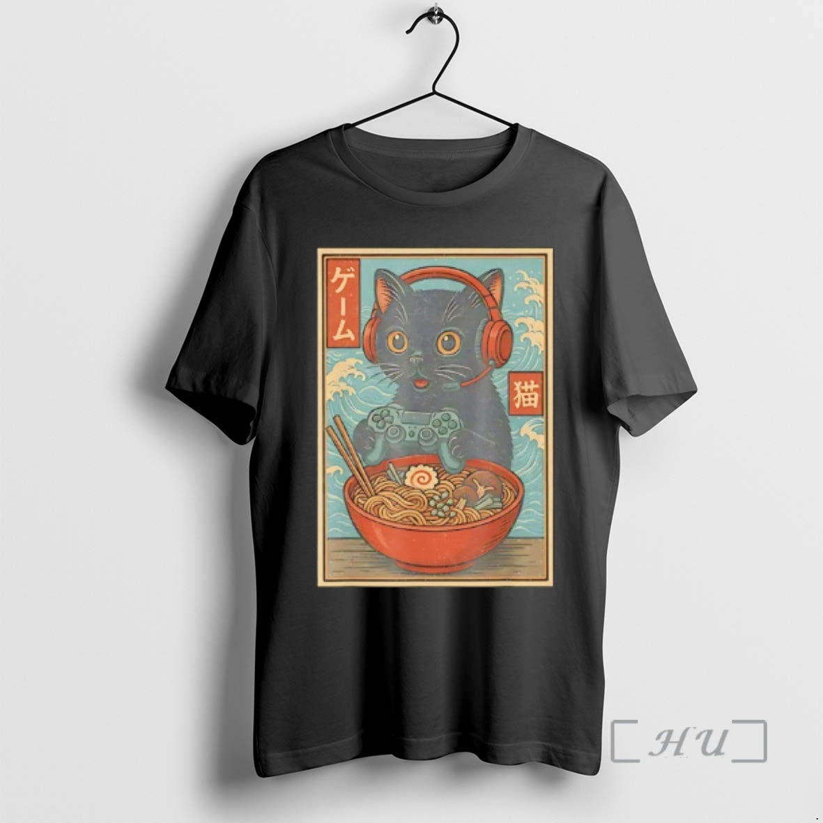 Trending Black Japanese Cat Holding Gamepad And Wearing Head Phone Eat Ramen Retro Premium