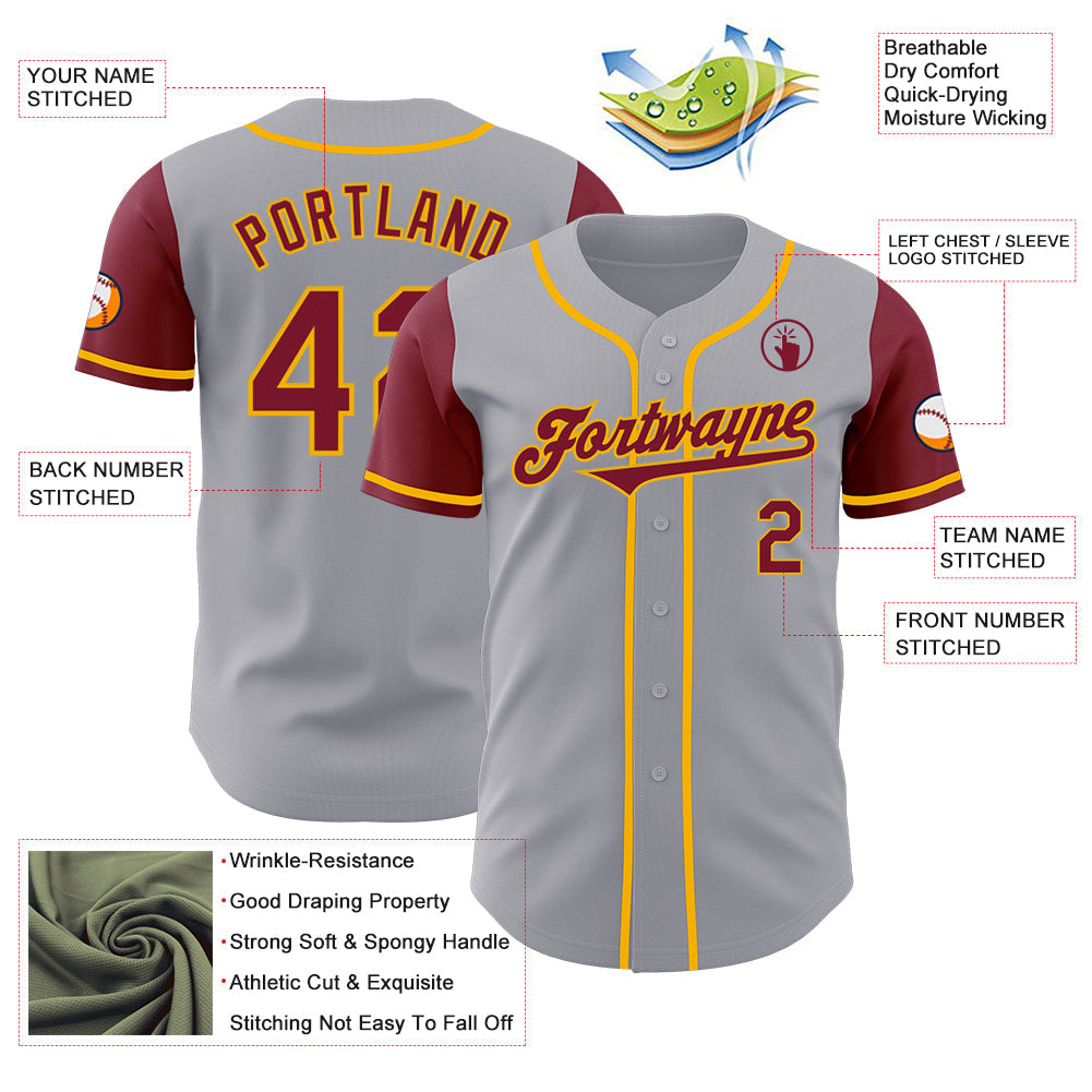 Custom Gray Crimson-Gold Authentic Two Tone Baseball Jersey