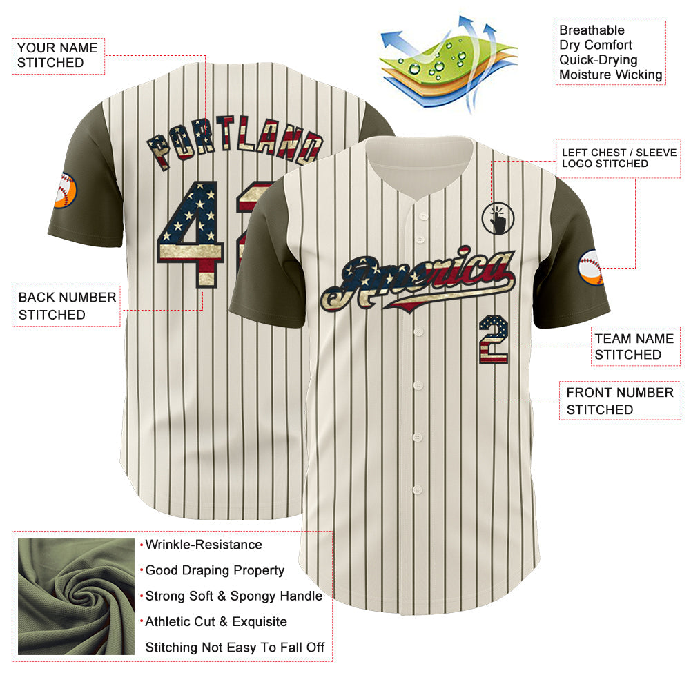 Custom Cream Olive Pinstripe Vintage USA Flag-Black Authentic Two Tone Baseball Jersey
