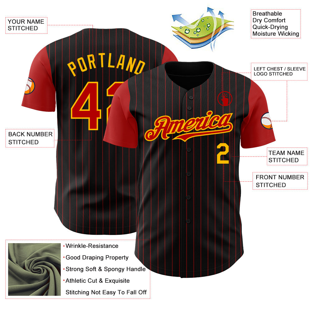 Custom Black Red Pinstripe Gold Authentic Two Tone Baseball Jersey