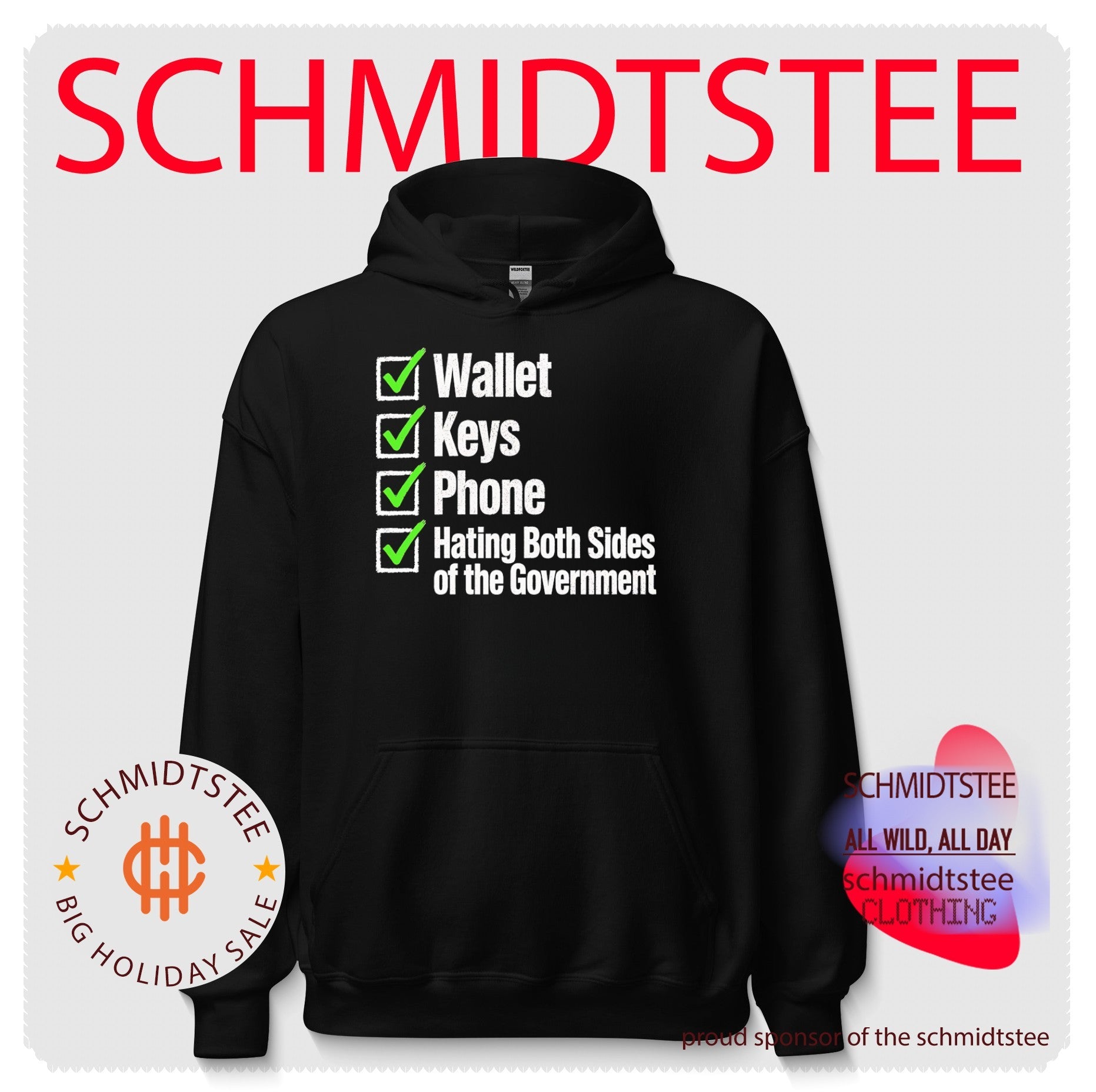 Wallet keys phone hating both sides of the Government shirt
