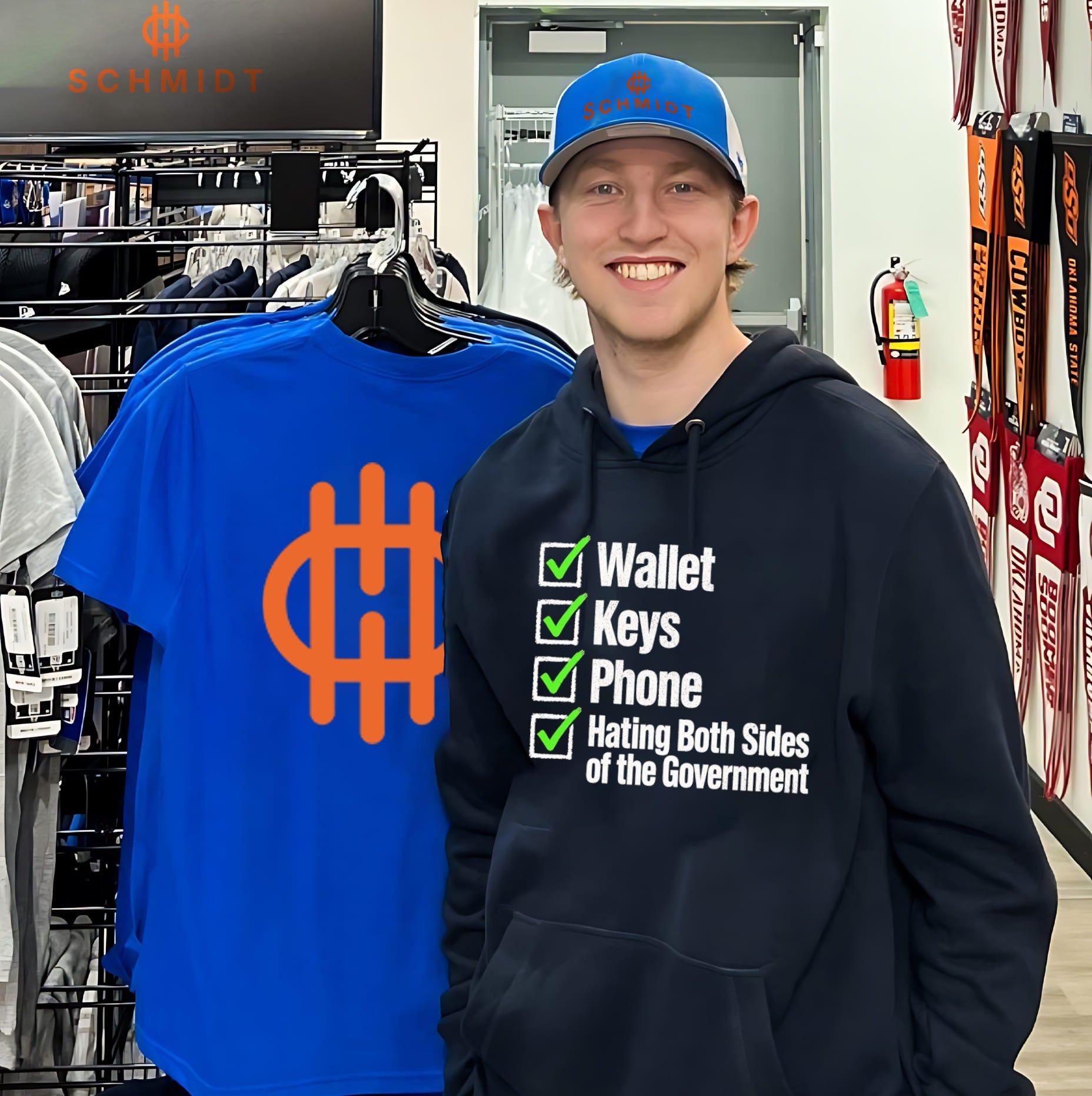 Wallet keys phone hating both sides of the Government shirt