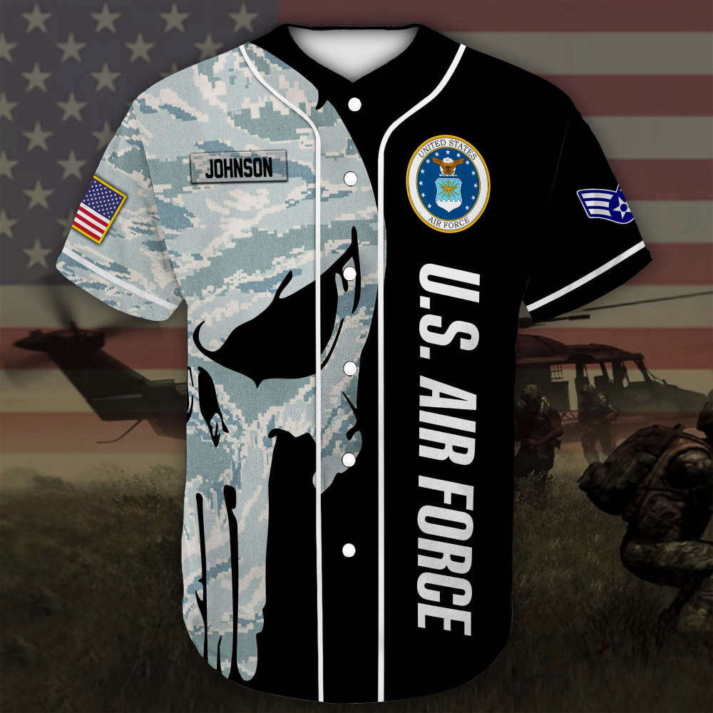 Custom Name Rank US Air Force Skull Camo Baseball Jersey Colorful Full Size - Aopprinter