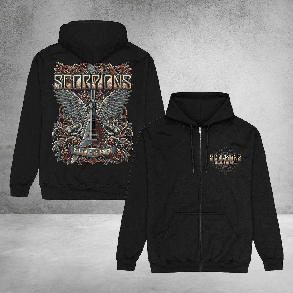 Scorpions Merch Believe In Rock Double Sided Zip Hoodie for Music Fans and Rock Lovers