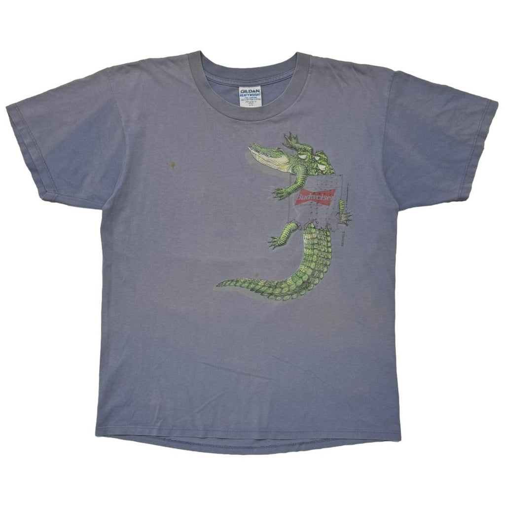 Budweiser 1996 FAKE POCKET PRINT FROGS & CROCODILE THIS BUD'S FOR YOU FADED BLUE GILDAN LARGE 5236