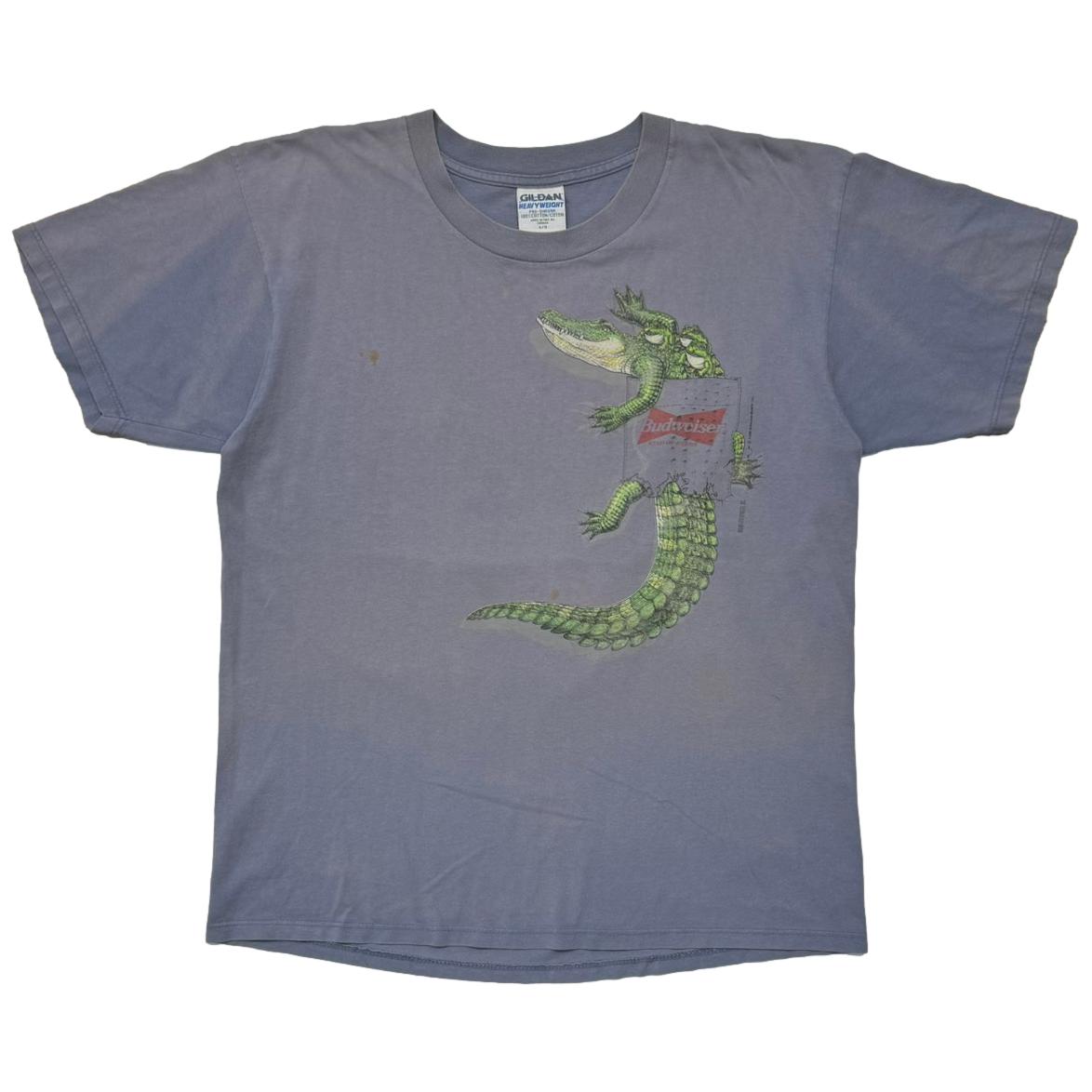 Budweiser 1996 FAKE POCKET PRINT FROGS & CROCODILE THIS BUD'S FOR YOU FADED BLUE GILDAN LARGE 5236