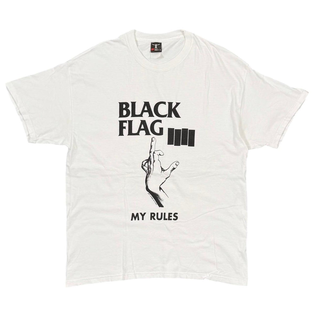 BLACK FLAG MY RULES HAND SIGN WHITE Hanes FITS LARGE 9742