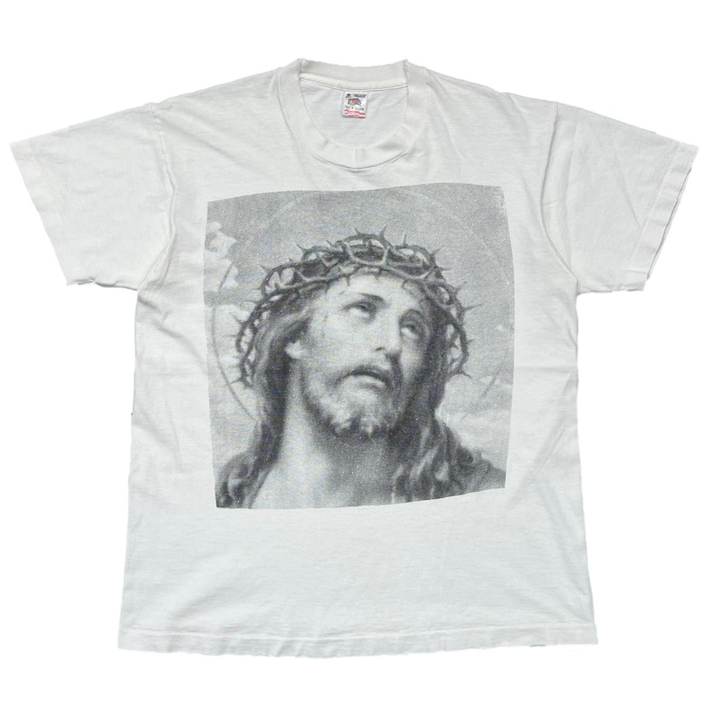 ARCHAIC SMILE JESUS PORTRAIT WHITE FRUIT OF THE LOOM MEDIUM 3851