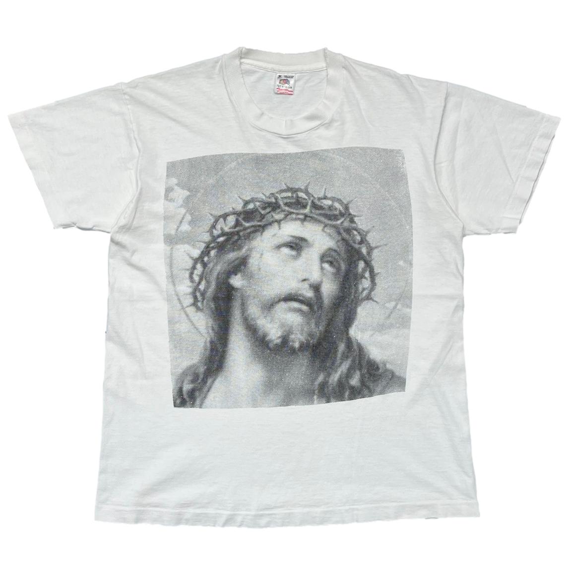 ARCHAIC SMILE JESUS PORTRAIT WHITE FRUIT OF THE LOOM MEDIUM 3851