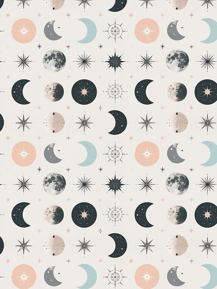 Boho Celestial Seamless Pattern – Minimal Moons, Stars & Planets (Neutral) by Blinkwater Designs