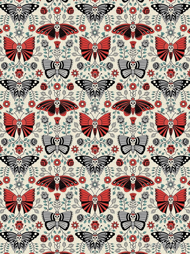 Gothic Halloween design of Skulls and Butterflies and flowers on a light background by Portia Monberg