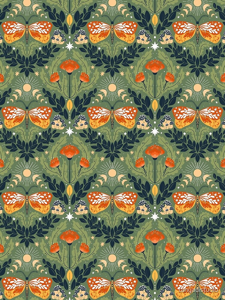 Whimsigoth butterfly florals -  green , orange and red pattern smaller by tanyadistudio