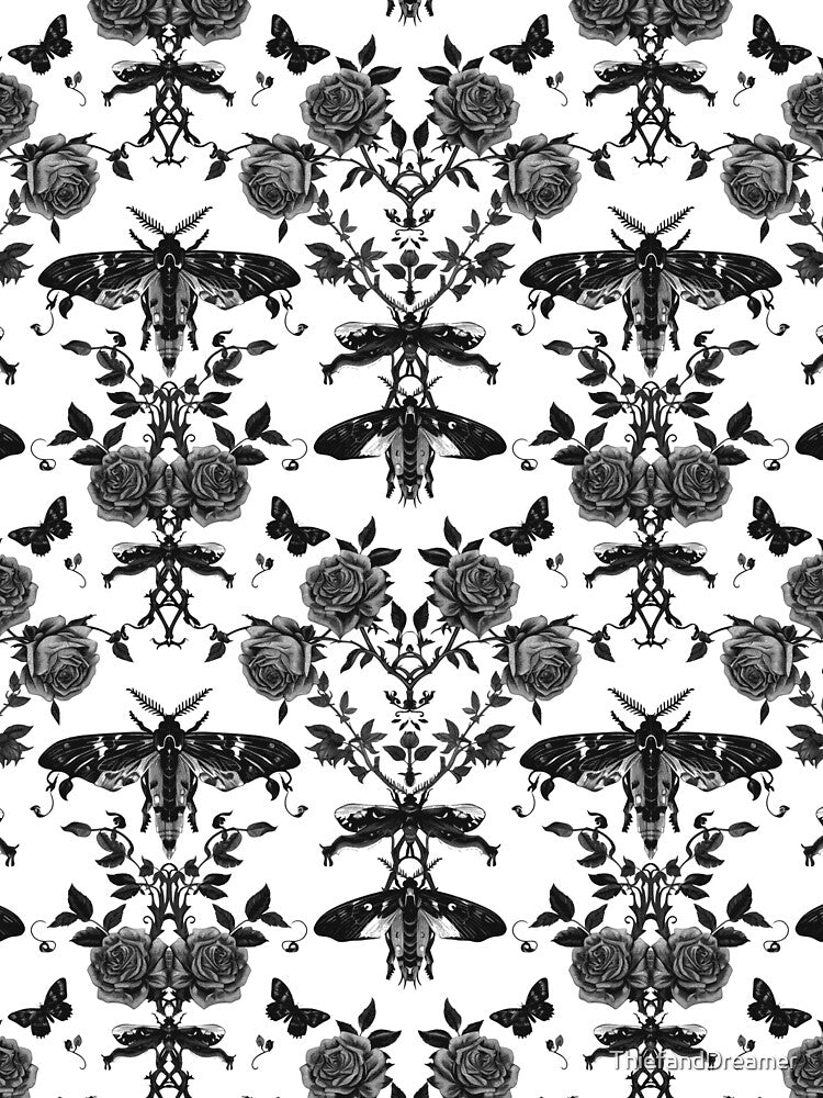 Gothic Moth and Rose Pattern – Dark Botanical Aesthetic by ThiefandDreamer