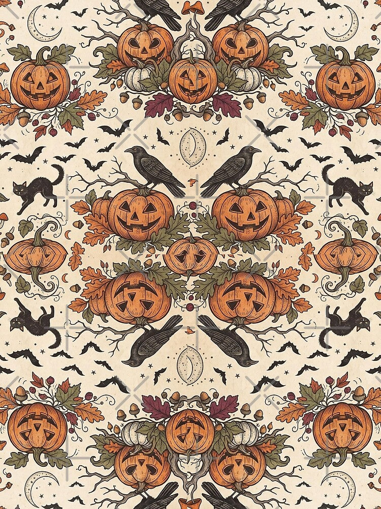 Vintage Halloween Gothic Pumpkins Cats Ravens Crows Skulls Spooky Bats Pattern by ArtDesignTp