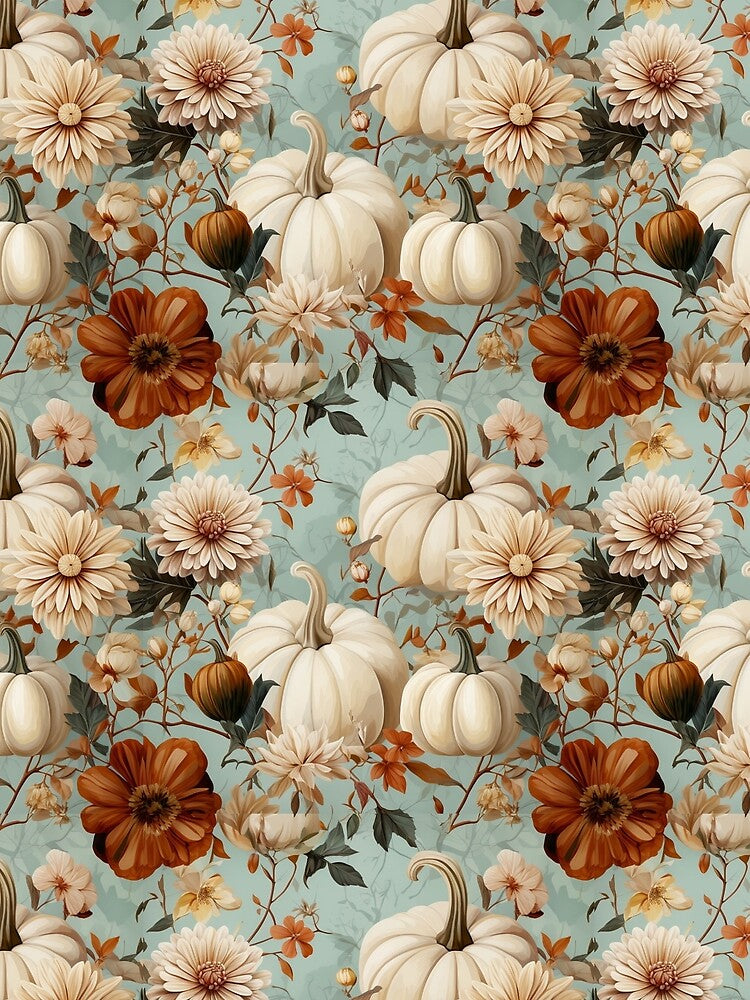Vintage Cream Pumpkin Floral Autumn Botanical by FestivityFinds
