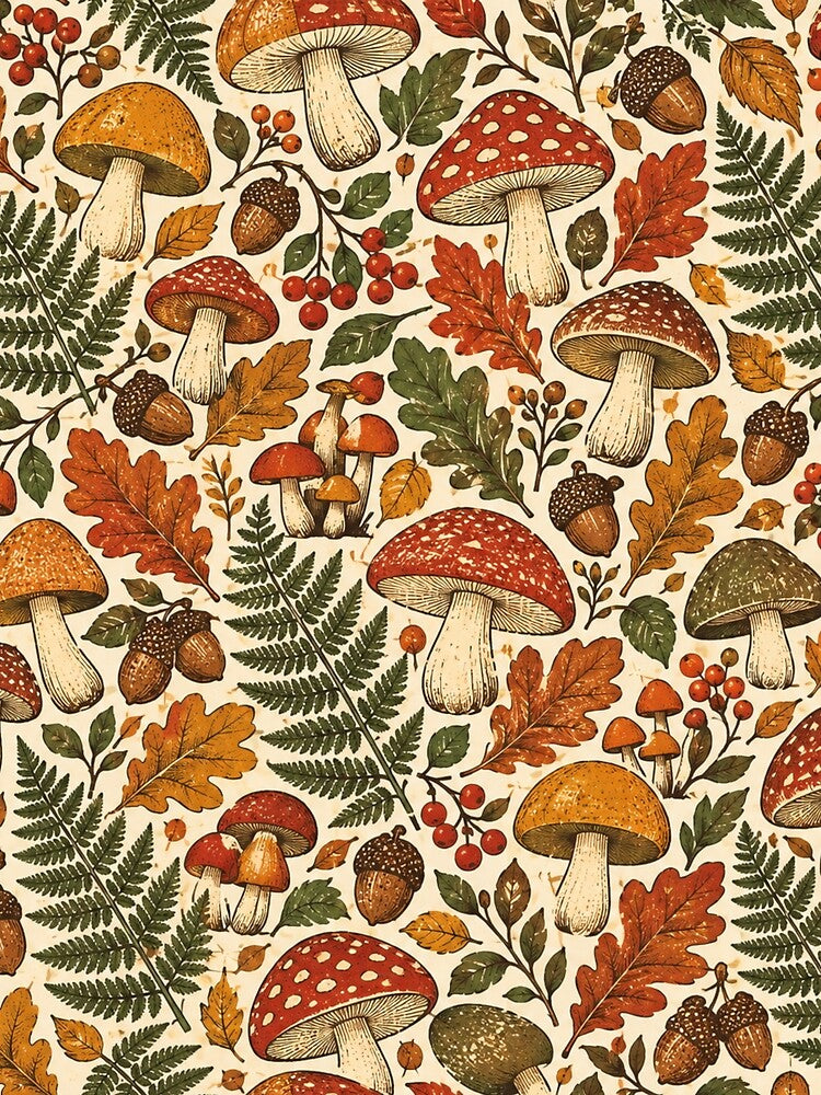 Vintage Woodland Mushrooms and Ferns Seamless Pattern by Golden Era Studio