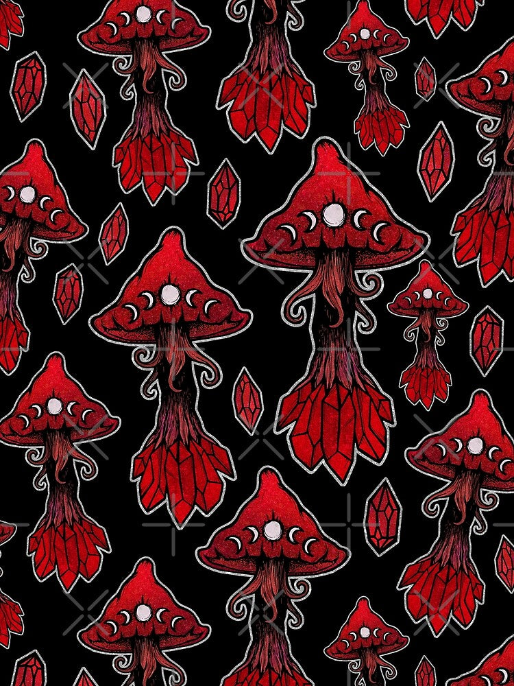 Blood Moon Red Crystal Mushrooms Pattern • Gothic Vampire Shrooms by StudioPurpleOctopus