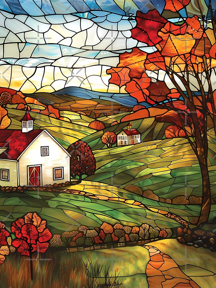 New Hampshire Rustic Farmhouse in Autumn Stained Glass Style by Matt's Artificial Nature
