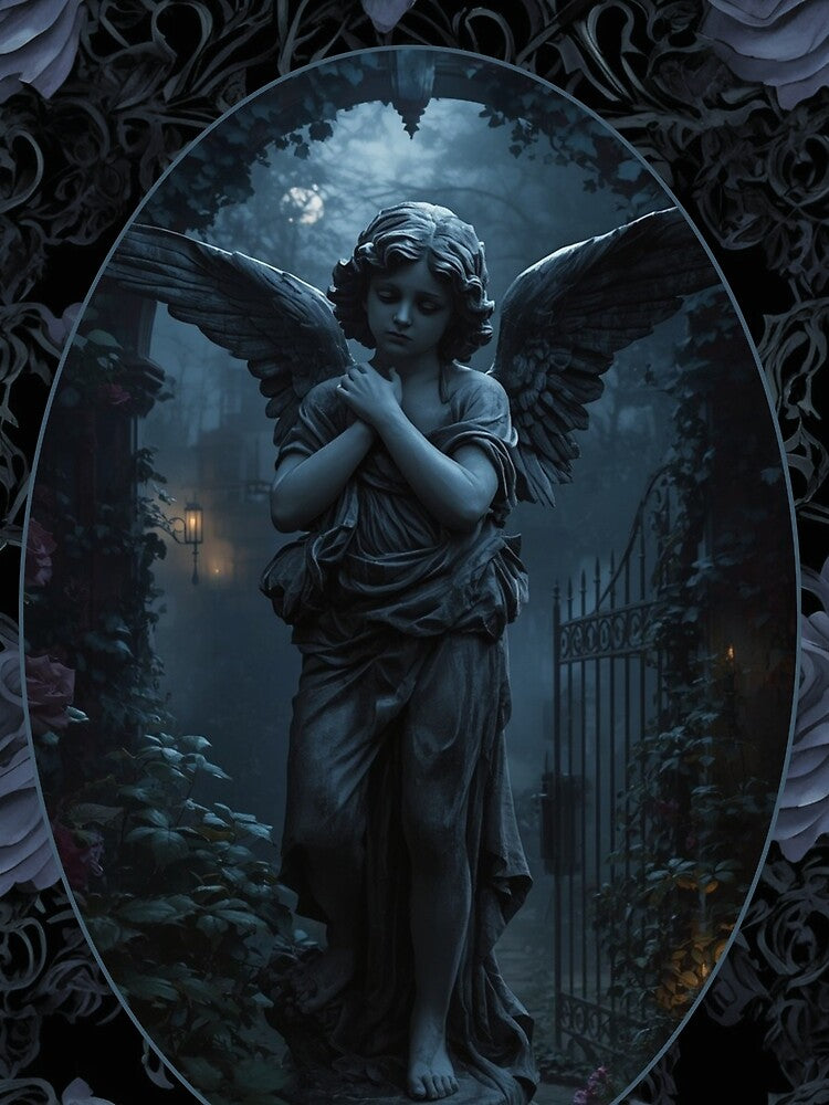 Dramatic Angel in Night Garden - Dark Academia Victorian Gothic Print by FogandFinch