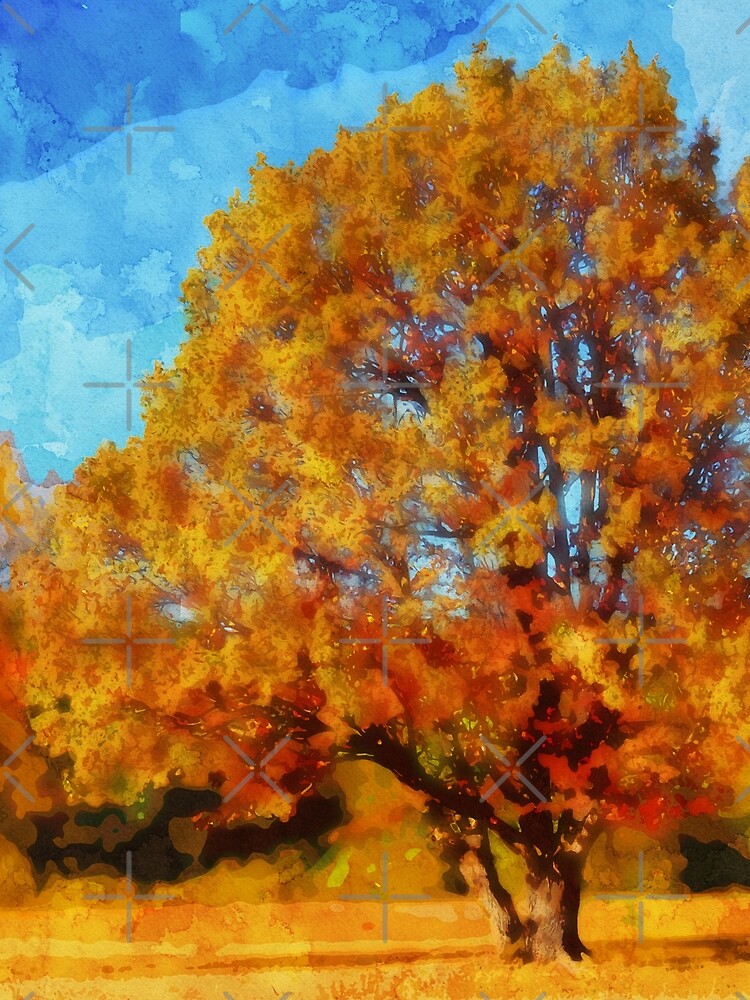 Autumn Landscape with a Tree of Yellow Leaves - Watercolor by d1mology