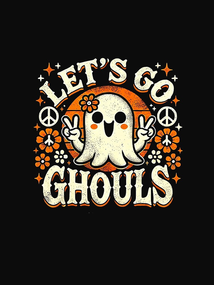 Retro Halloween Ghost with Peace Signs and Orange Flowers by Nalin-Design
