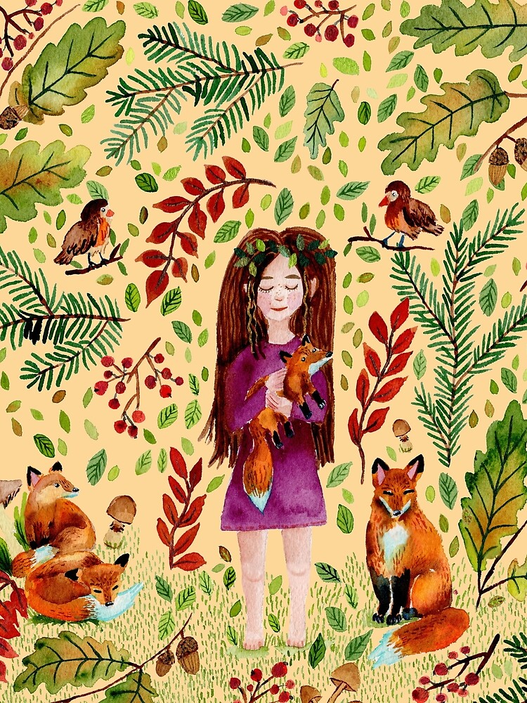 Autumn Girl with Foxes Turqoise Light Yellow by SandraArtStudio