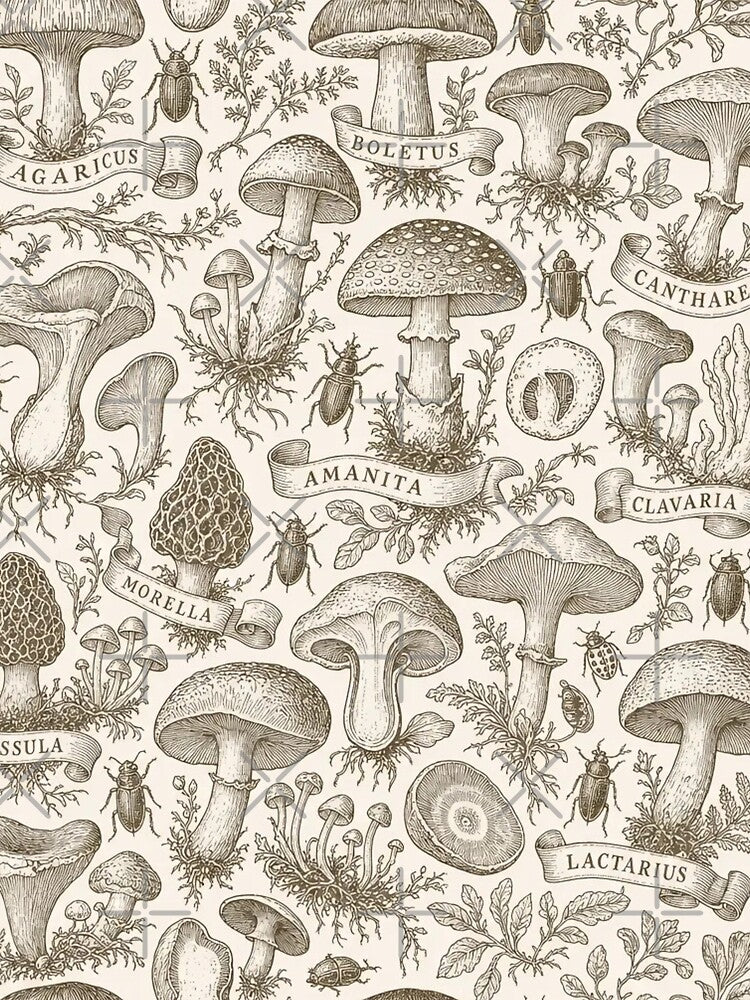 Vintage Mushroom Toile Seamless Pattern | Vintage Mushroom Forager Toile Repeat by StickyGuys