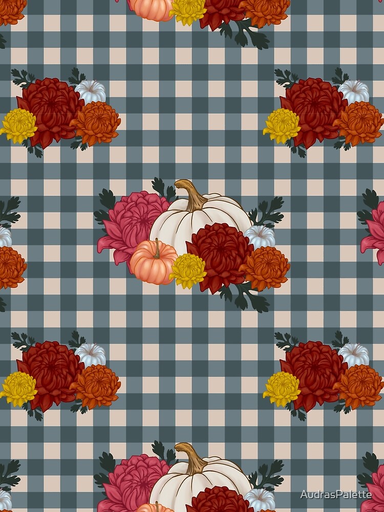 Autumn Floral Pumpkins with Mums on Gingham by AudrasPalette