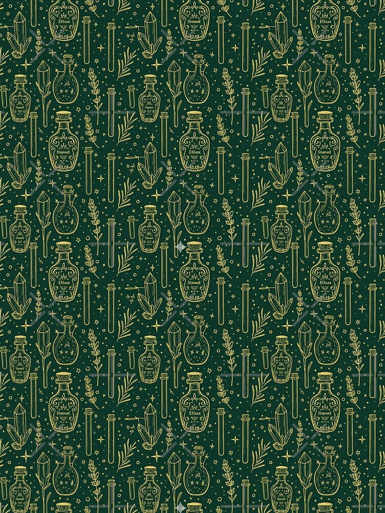 Botanist’s Library Apothecary Pattern | Dark Academia Forest Green & Gold by Wennebabs