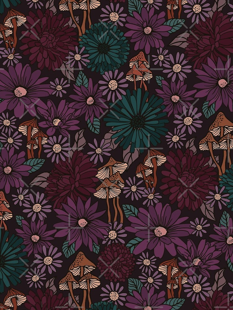 Moody Dark Cottagecore Flowers and Mushrooms by EarthFaeryDSGN