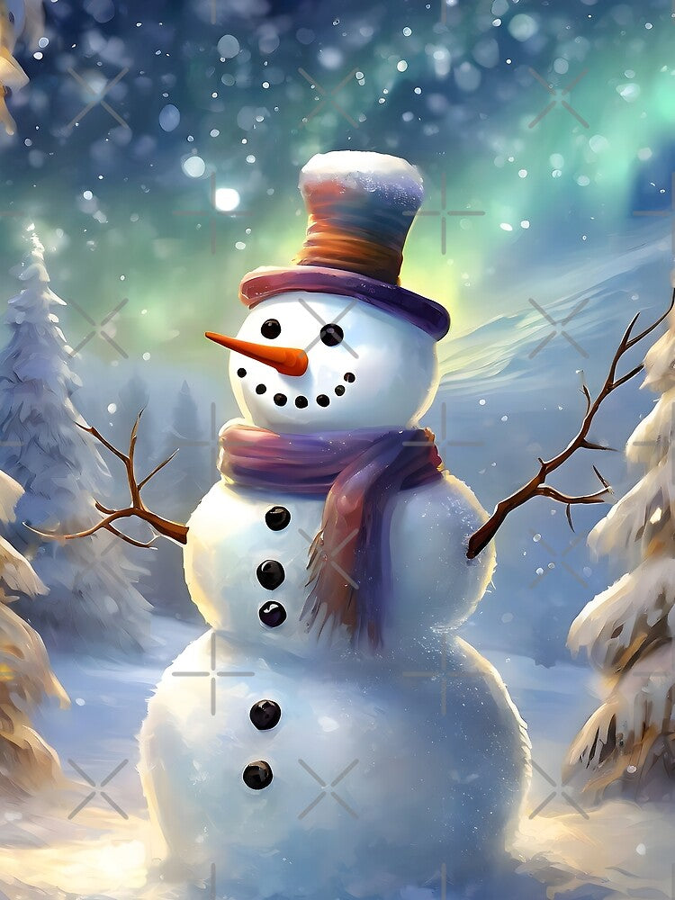 Snowman under the snow falling and aurora borealis by emaotx