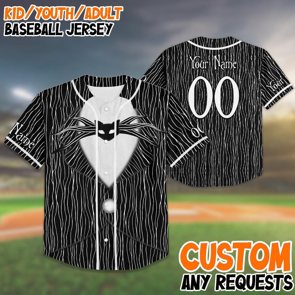 Custom Halloween Baseball Jersey, Jack Skeleton Costume Shirt, Nightmare Theme, Kids Youth Adult Matching Outfit, Spooky Jersey