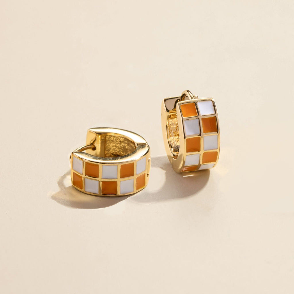 Orange & White Checkered Enamel Huggies