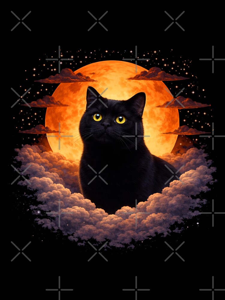 Black Cat Moon Art – Mystic Cat Celestial Pet Print Design by PixelsPaws
